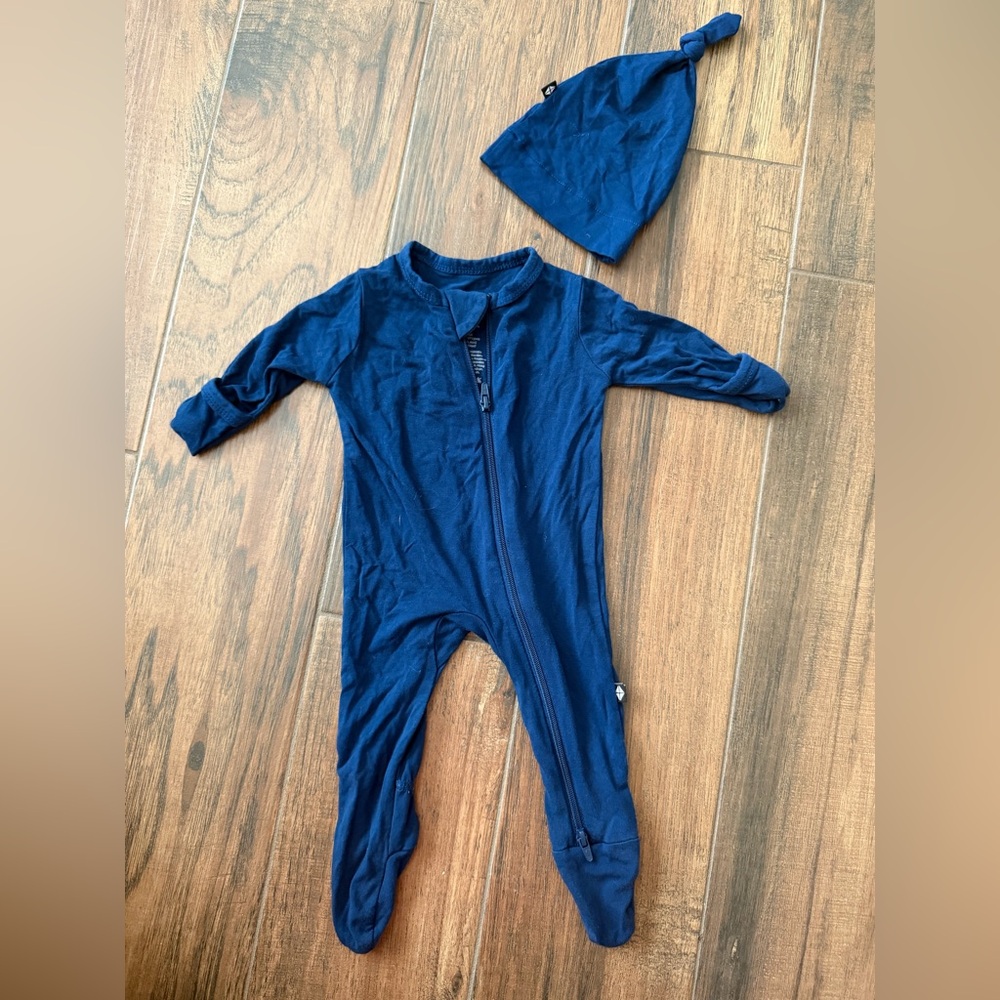 Kyte Baby zippered footie and knotted cap on Tahoe